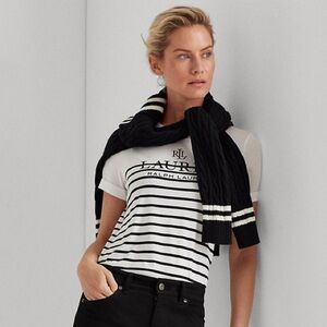 Ralph Lauren Black and White Striped Logo Tee - Size M